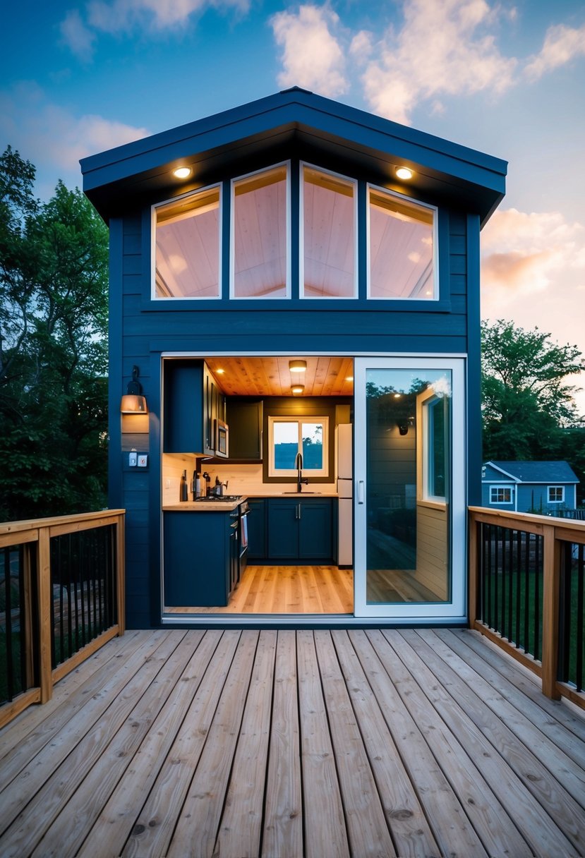 A cozy 12×32 tiny home with a loft bedroom, compact kitchen, and a small living area with large windows and a sliding glass door leading to a deck