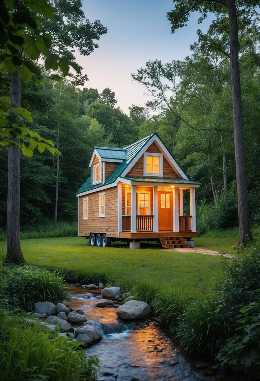 A cozy two-story tiny house cottage nestled in a serene forest clearing, surrounded by lush greenery and a babbling brook