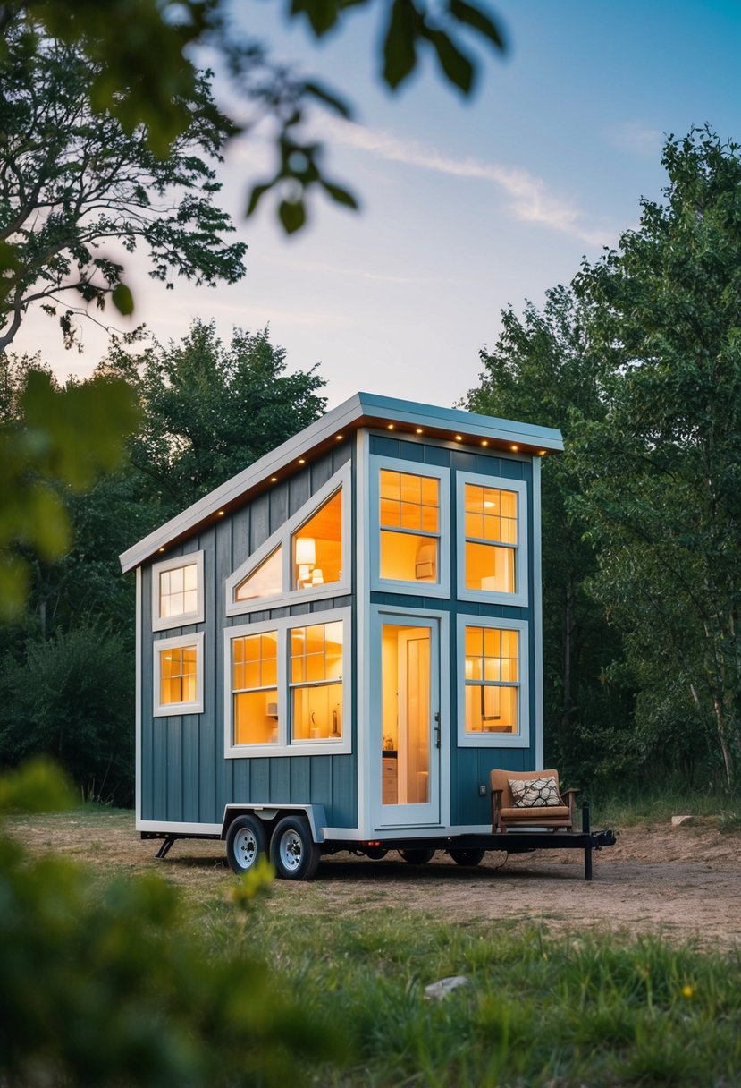 A cozy 12x32 tiny house with a loft bedroom, a small kitchen, and a living area with large windows, surrounded by trees and nature