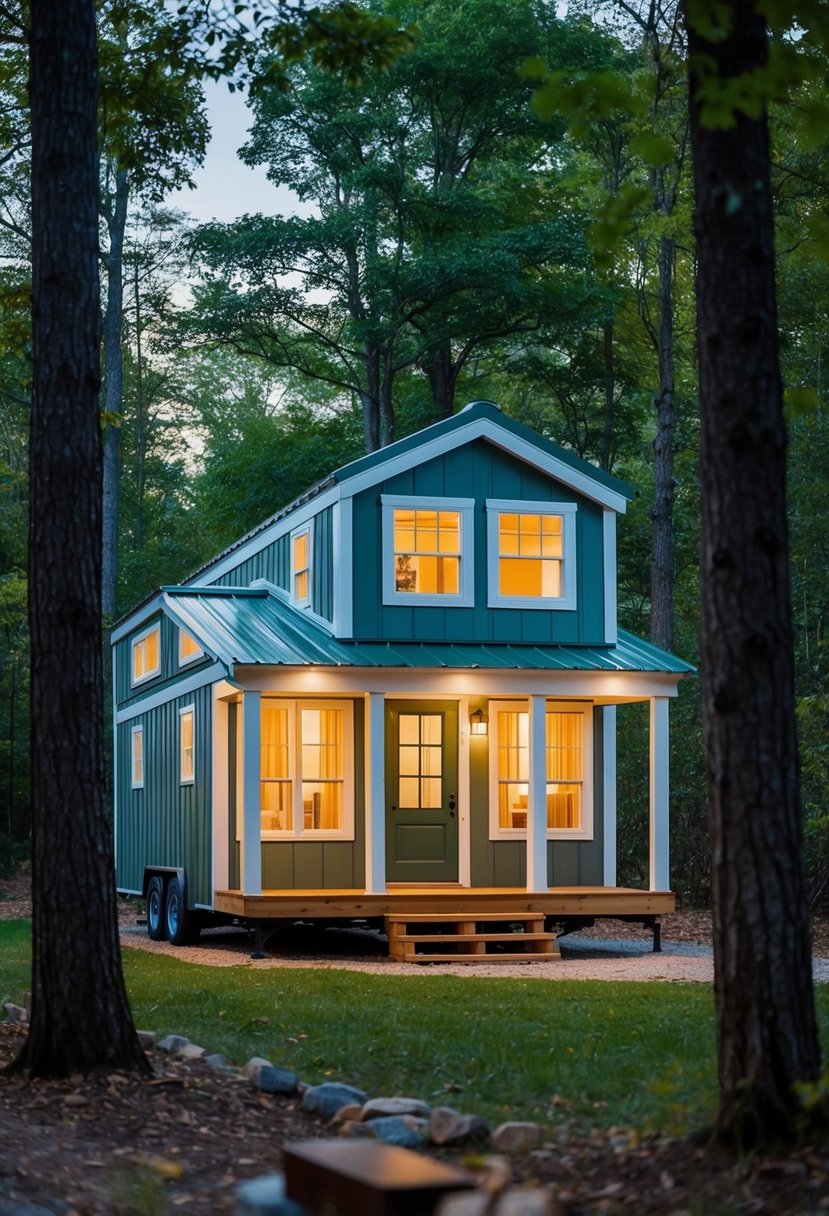 A cozy 12x32 tiny home with a loft bedroom, large windows, and a front porch nestled in a serene wooded setting