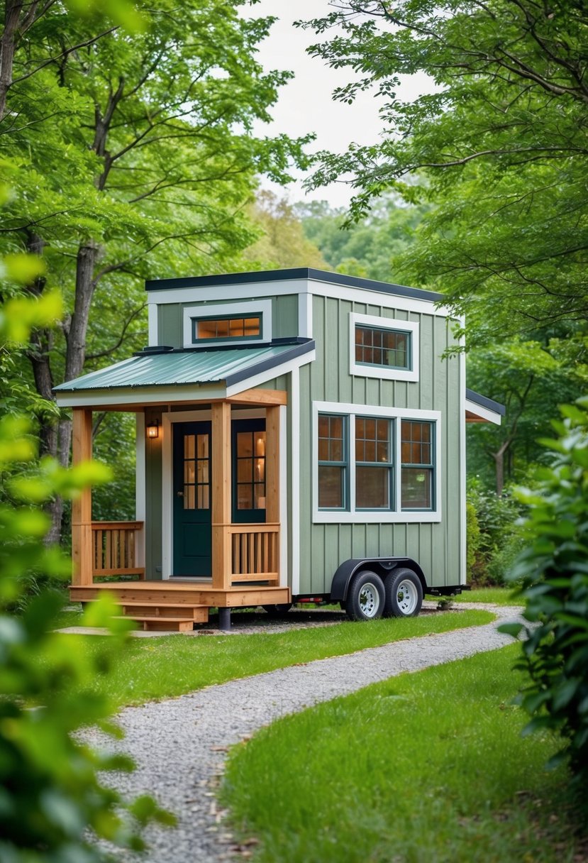 A cozy 12x32 tiny house nestled in a wooded area, with a small porch and large windows, surrounded by lush greenery and a winding path