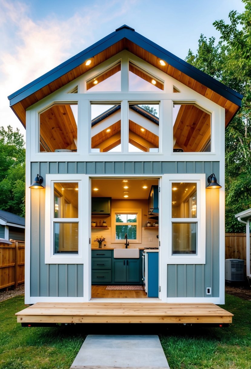 A cozy 12x32 tiny house with a loft bedroom, open living area, kitchen, and bathroom. Large windows let in natural light, and a small porch offers outdoor space