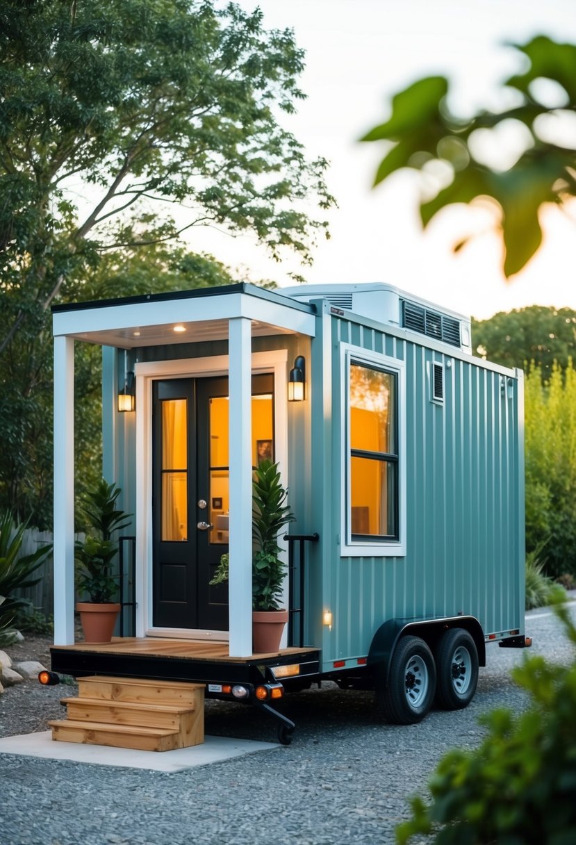 A container van converted into a cozy tiny house, with large windows, a small porch, and potted plants outside