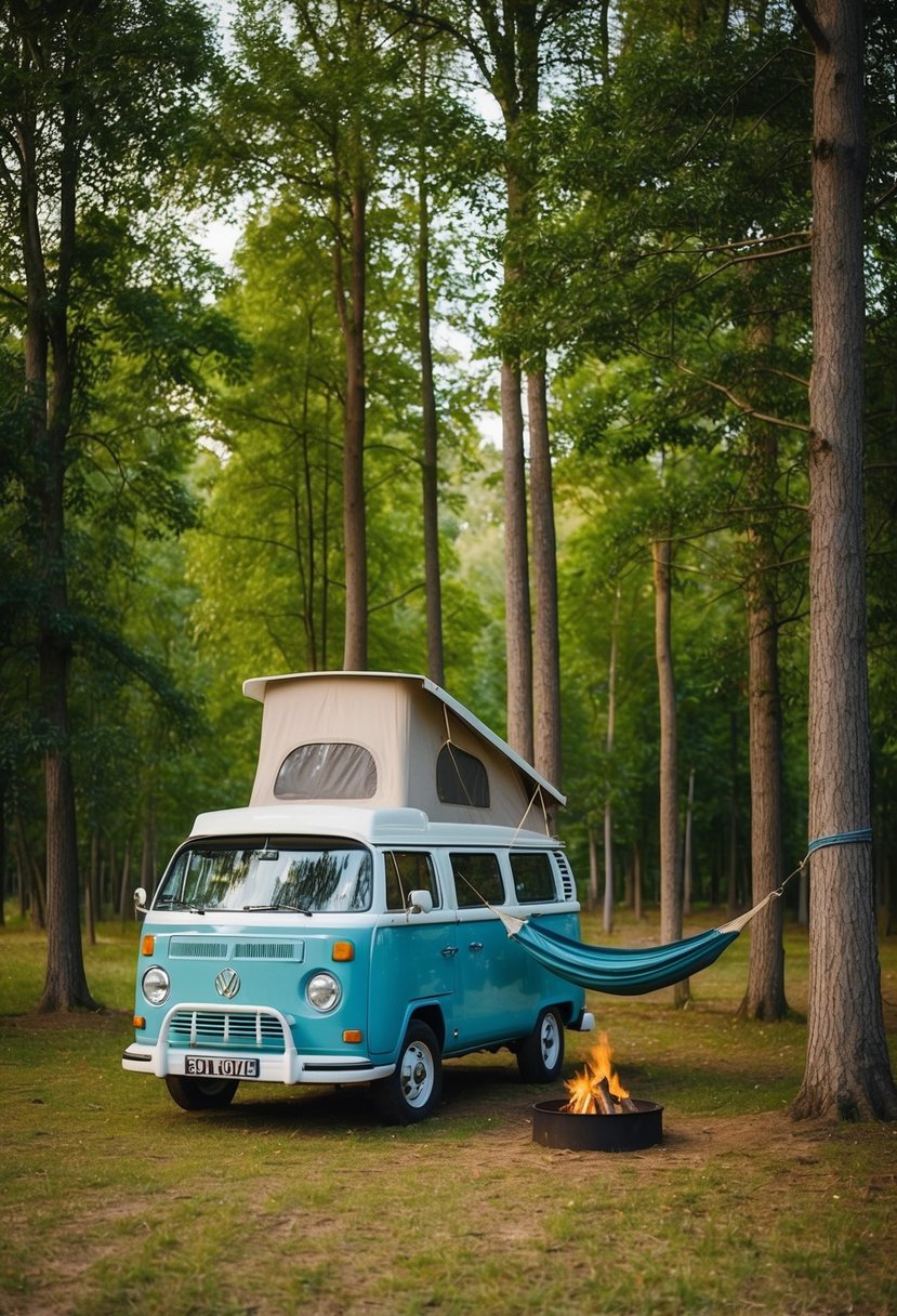 A cozy camper van parked in a serene forest clearing, with a small fire pit and a hammock hanging between two trees