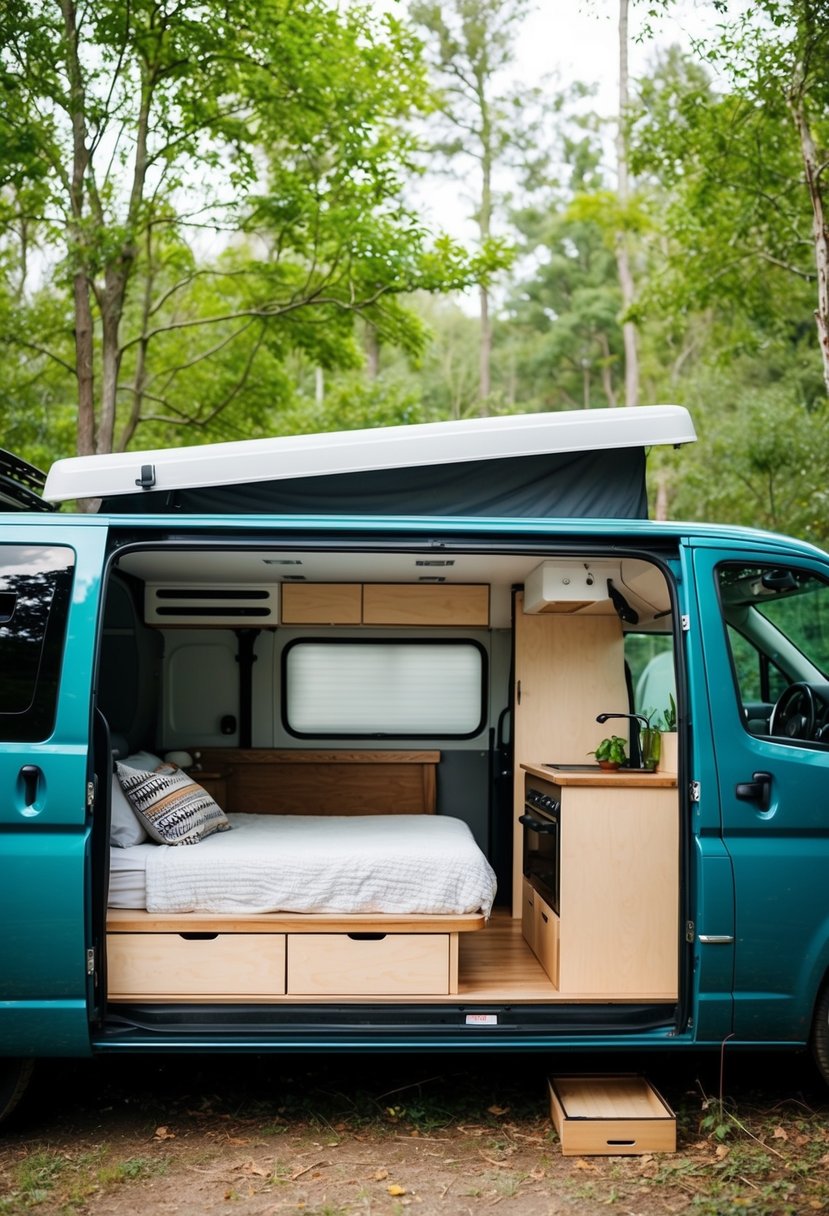 A cozy converted van with a bed, small kitchen, and storage compartments, surrounded by nature