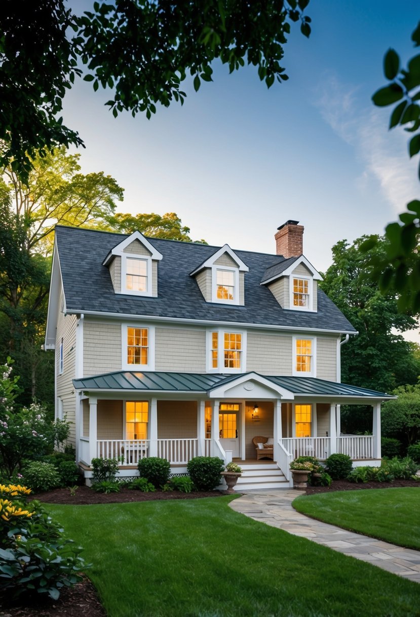 A cozy two-story cottage with a gabled roof and dormer windows. Surrounded by a lush garden, the cottage features a front porch and three bedrooms on the second floor