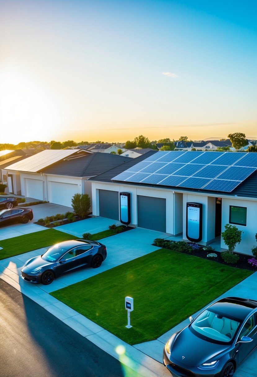 A suburban neighborhood with modern, sleek homes featuring solar panels and Tesla Powerwalls. The sun is shining, and electric cars are parked in the driveways