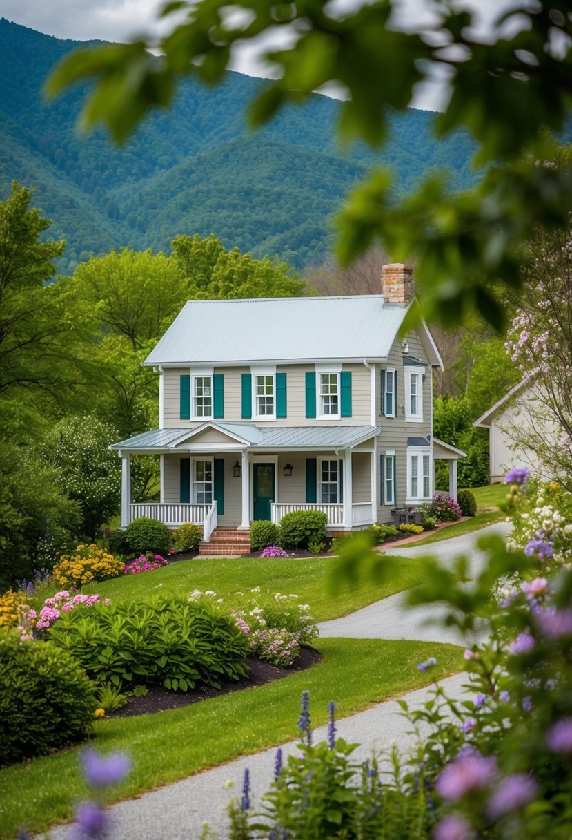 A quaint two-story cottage nestled in the mountains of Asheville, surrounded by lush greenery and blooming flowers