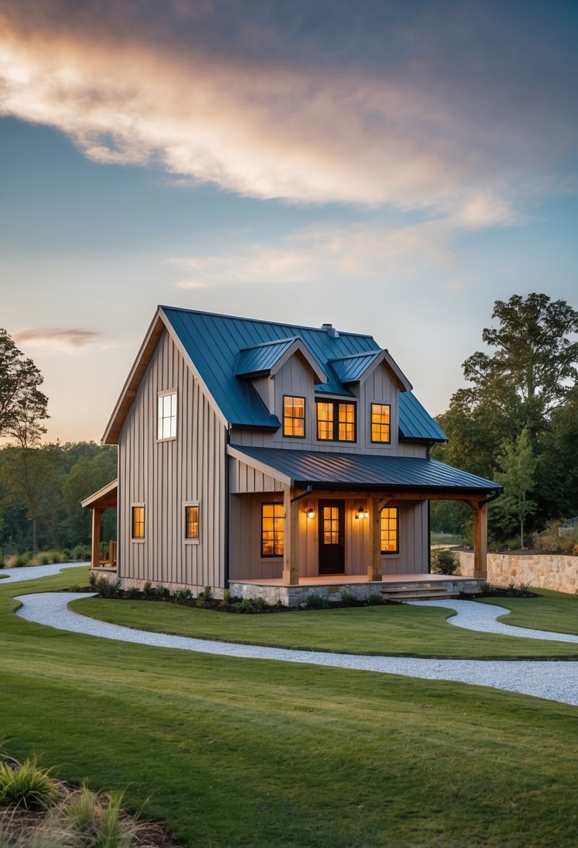 A cozy cottage with a two-story great room and loft above. Rustic exterior with a sloped roof and small windows. Surrounding landscape includes trees and a winding path