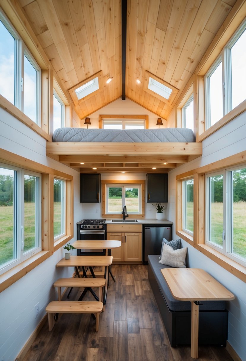 A cozy 12x20 tiny house interior with a loft bedroom, compact kitchen, fold-down dining table, and multifunctional furniture. Bright natural light streams in through large windows, creating a sense of spaciousness