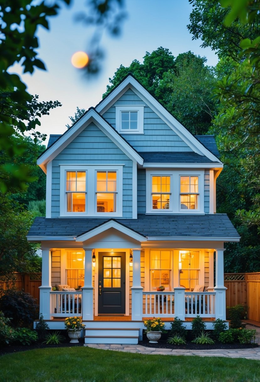 A cozy two-story tiny house cottage nestled in a lush garden, with a charming front porch and large windows illuminating the interior