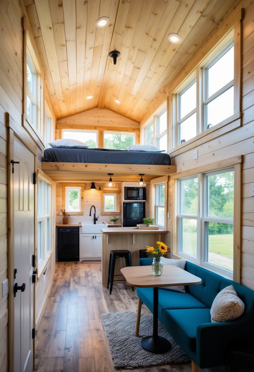 A cozy 12x20 tiny house with a loft bedroom, compact kitchen, and living area with a small dining space. Natural light floods in through large windows, creating a bright and open atmosphere