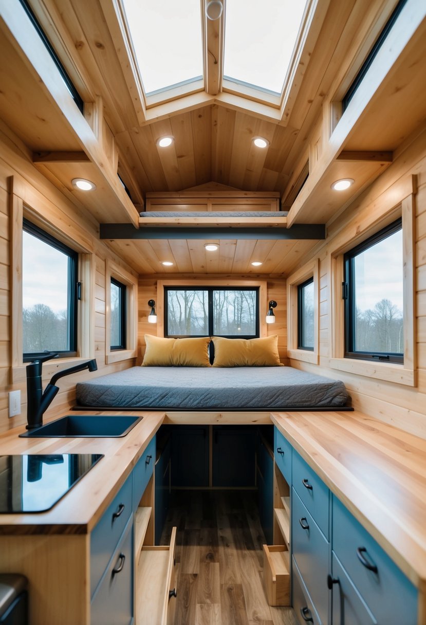 A cozy 12x20 tiny house interior with smart storage solutions, featuring a fold-down bed, hidden compartments, and multi-functional furniture