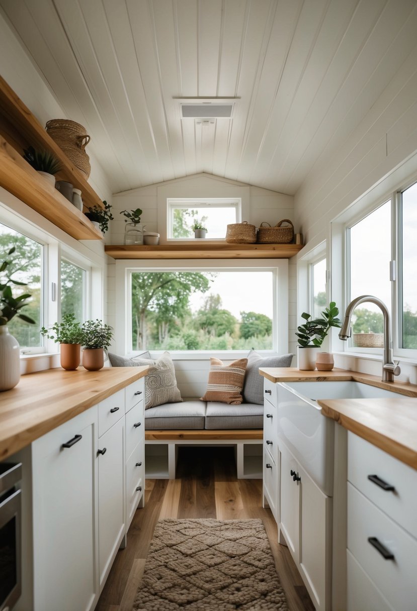 A cozy 12x20 tiny house interior with minimalist decor, natural light, and space-saving furniture