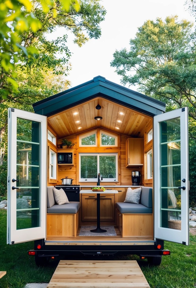 A cozy 12x20 tiny house interior with a seamless transition to the outdoors, featuring a compact kitchen, dining area, and comfortable seating. Large windows and sliding doors provide ample natural light and views of the surrounding nature