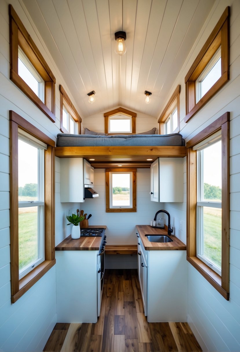 The 12x20 tiny house interior showcases a multifunctional space with a living area, kitchenette, sleeping loft, and compact bathroom