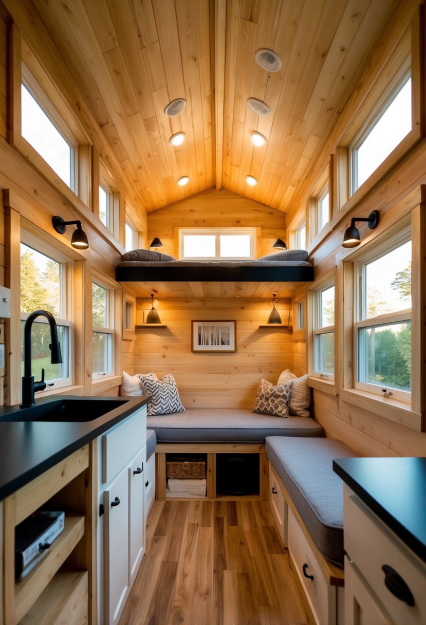 The cozy 12x20 tiny house interior is bathed in warm, natural light, creating a serene and inviting ambiance. The space is thoughtfully designed with efficient and multi-functional furniture to maximize comfort and functionality