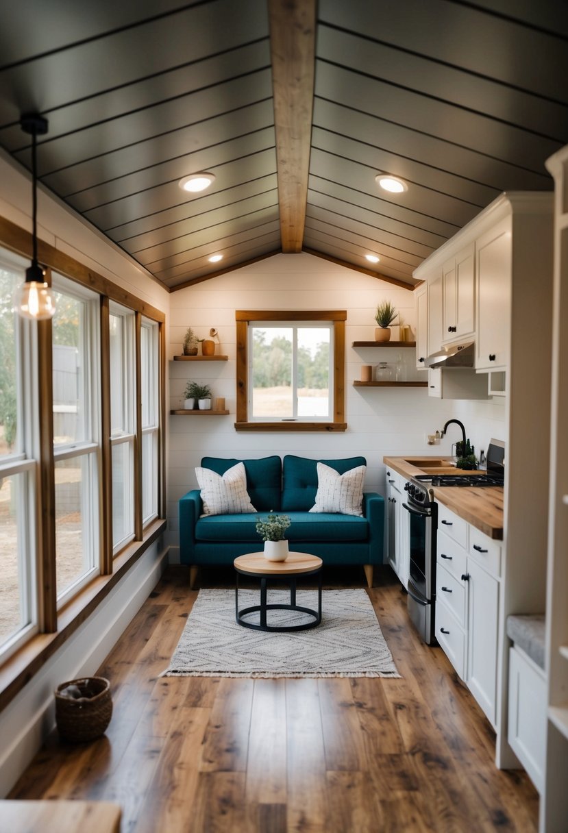 A cozy 12x24 tiny house with 2 bedrooms, 2 baths, a living area, and a small kitchen