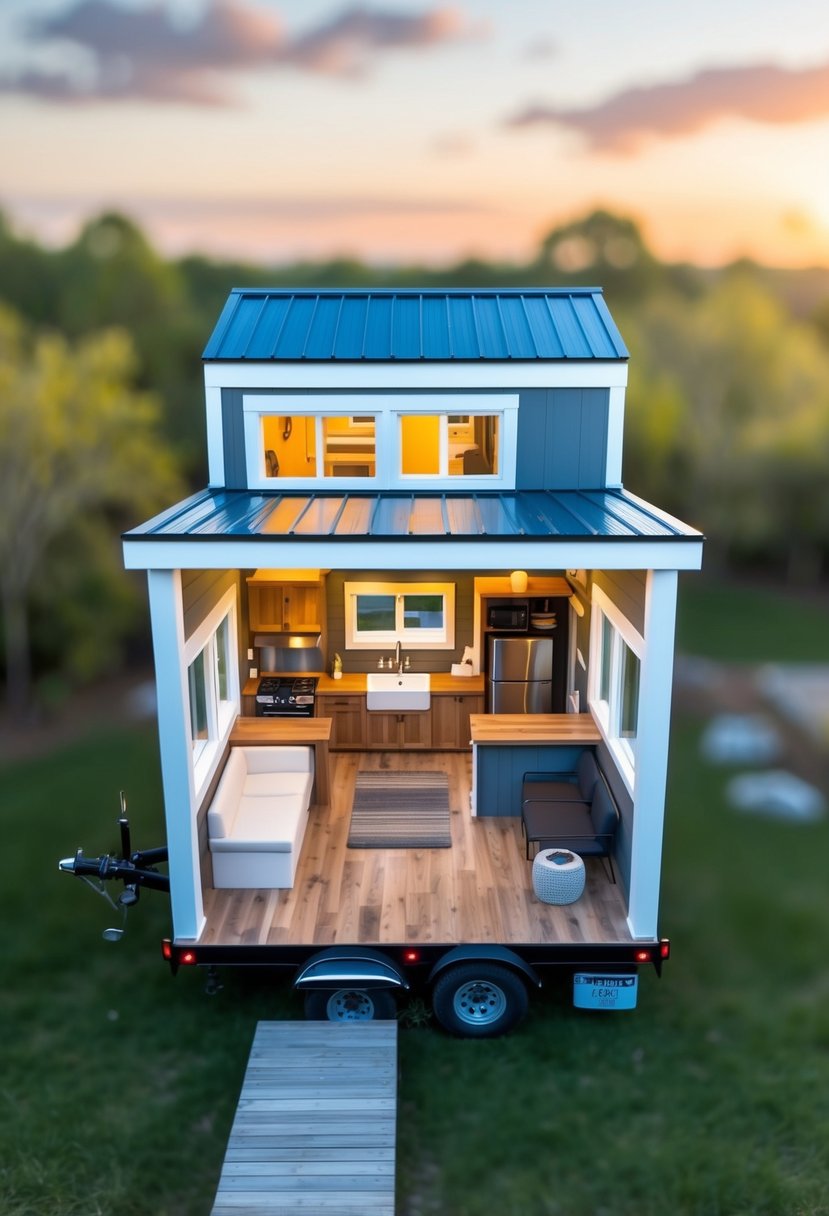 A bird's-eye view of a 12x24 tiny house floor plan, showcasing the layout with 2 bedrooms and 2 baths, including key elements such as kitchen, living area, and outdoor space