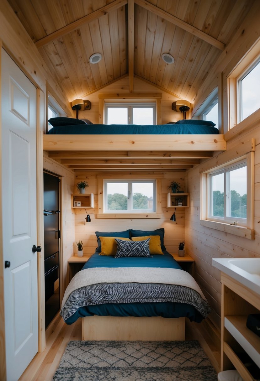 A cozy loft overlooks a 12x24 bedroom in a tiny house, complete with a bathroom and ample space for a comfortable living area