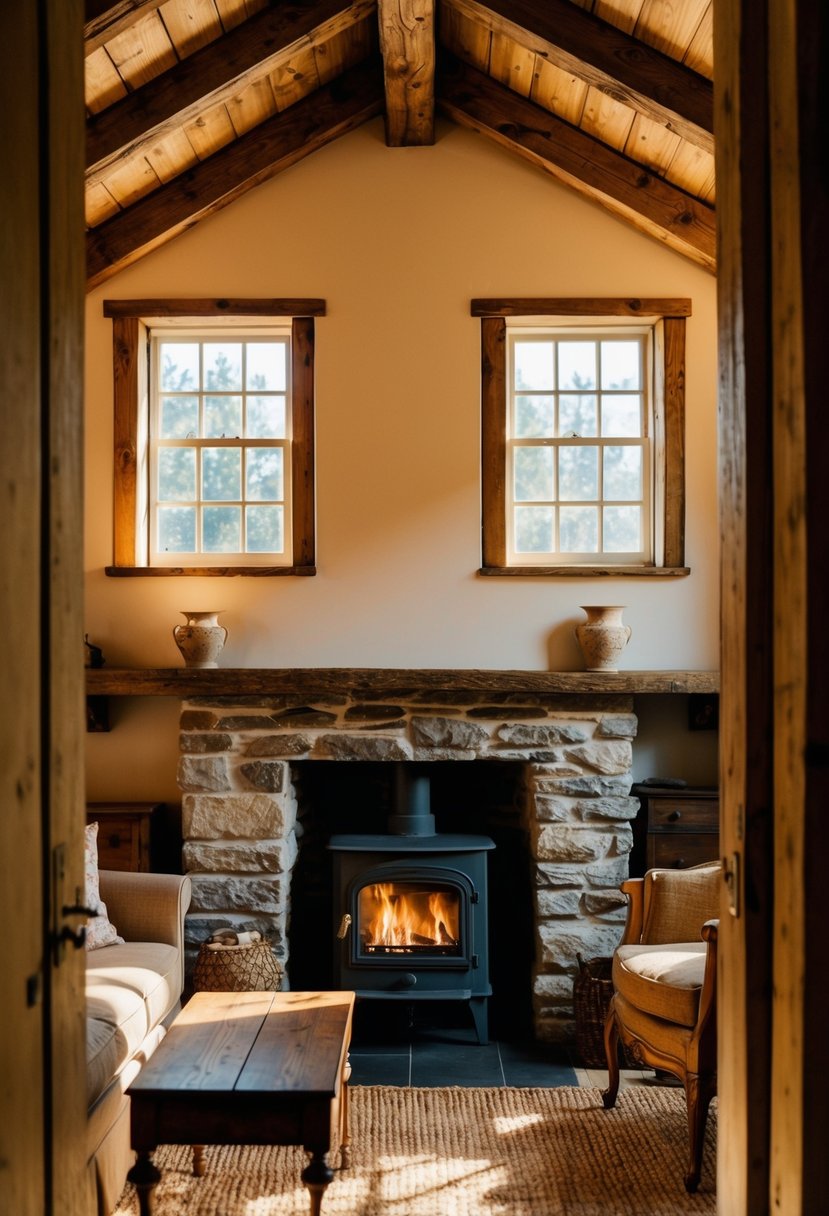 A cozy, rustic interior with exposed wooden beams, a stone fireplace, and vintage furniture. Sunlight streams in through small windows, casting warm, inviting shadows