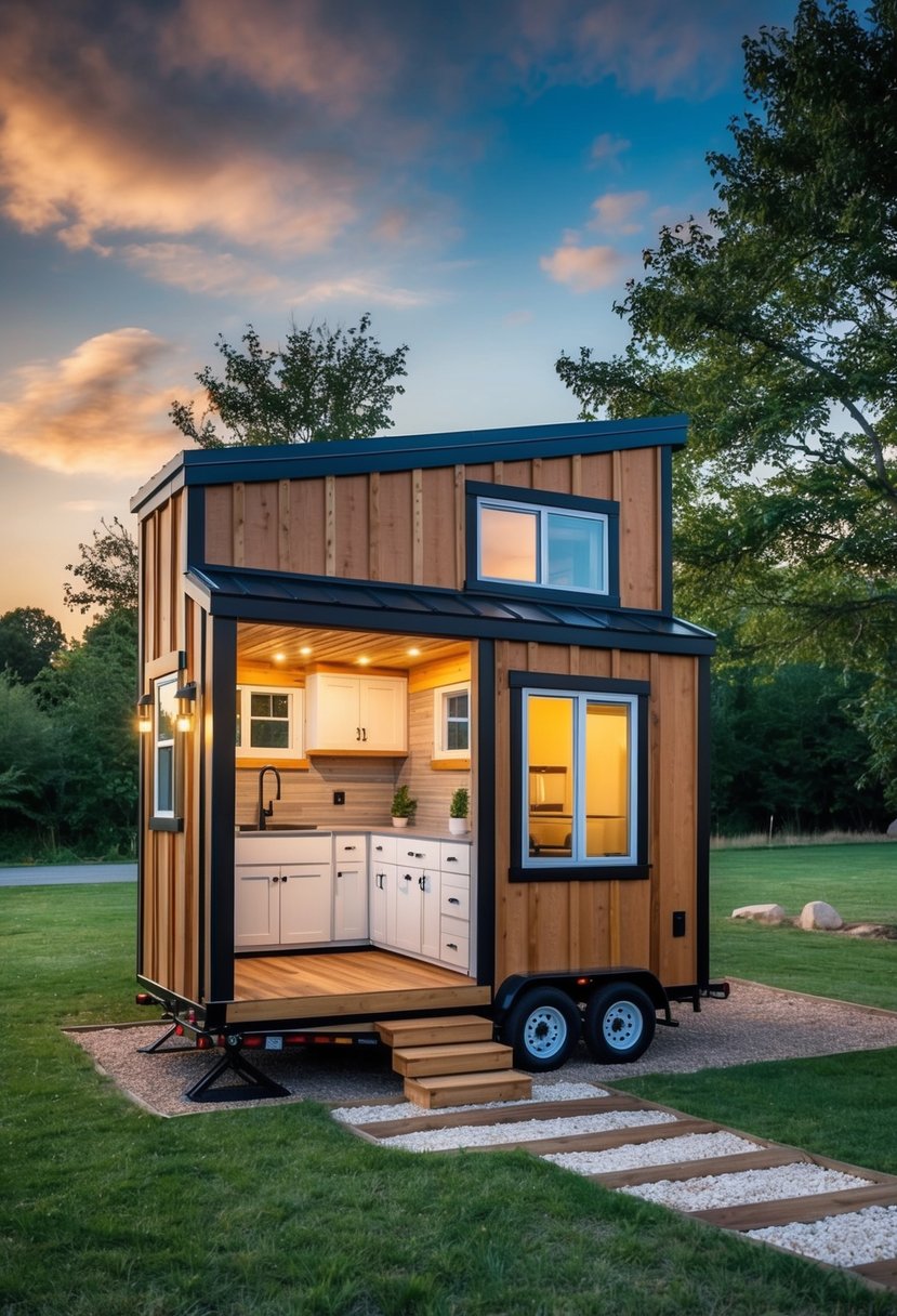 A cozy 12x24 tiny house with 2 bedrooms, 2 bathrooms, a compact living area, and a functional kitchen