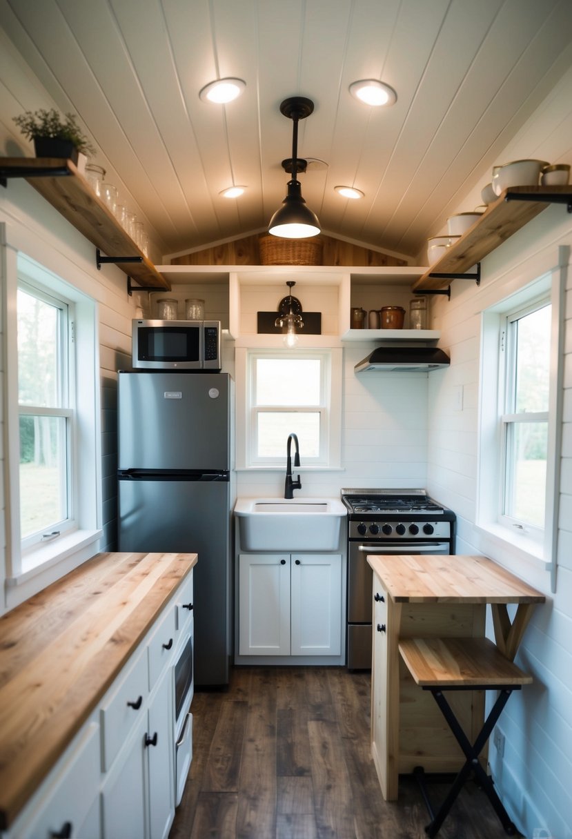 A cozy 12x24 tiny house kitchen with open shelving, a compact fridge, a small stove, and a fold-down dining table