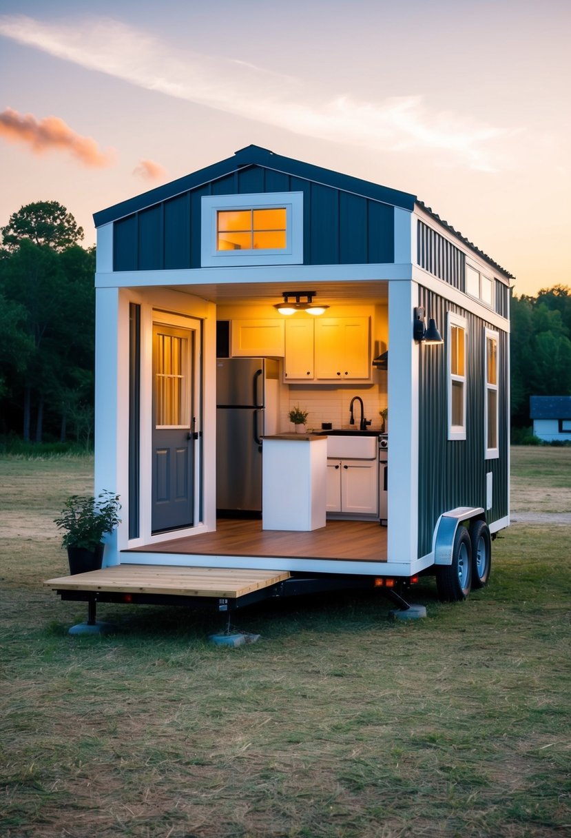 A cozy 12x24 tiny house with 2 bedrooms, 2 baths, a compact kitchen, and a small living area