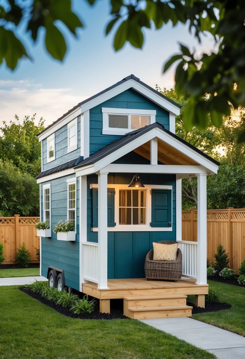 A small shed transformed into a cozy tiny house with a pitched roof, a front porch, and a neatly landscaped garden