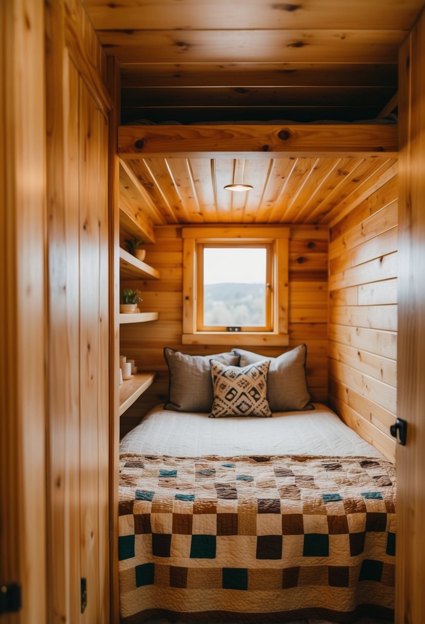 A cozy, rustic bedroom in a tiny house with a loft bed, natural wood walls, and warm, earthy tones. A small window lets in soft, natural light, and a handmade quilt adds a touch of charm