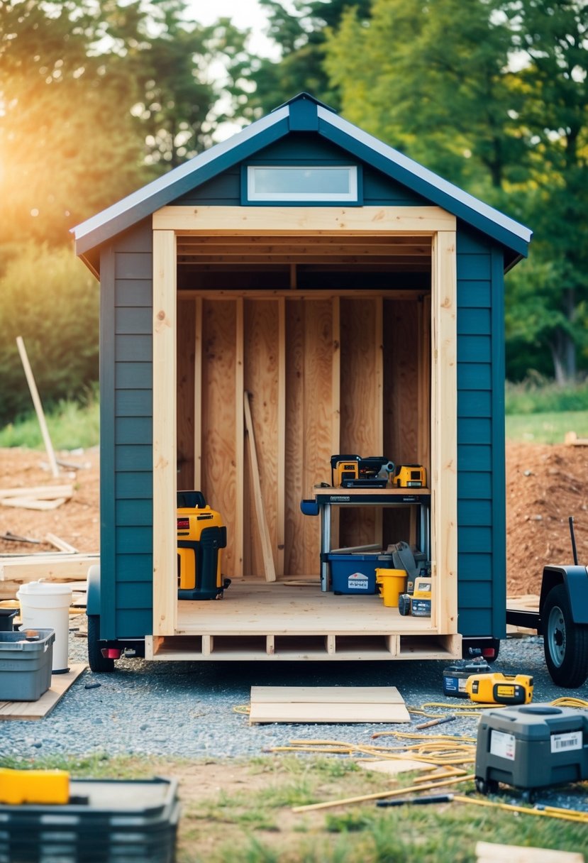 A small shed being transformed into a cozy tiny house with added windows, a front porch, and a garden surrounding it