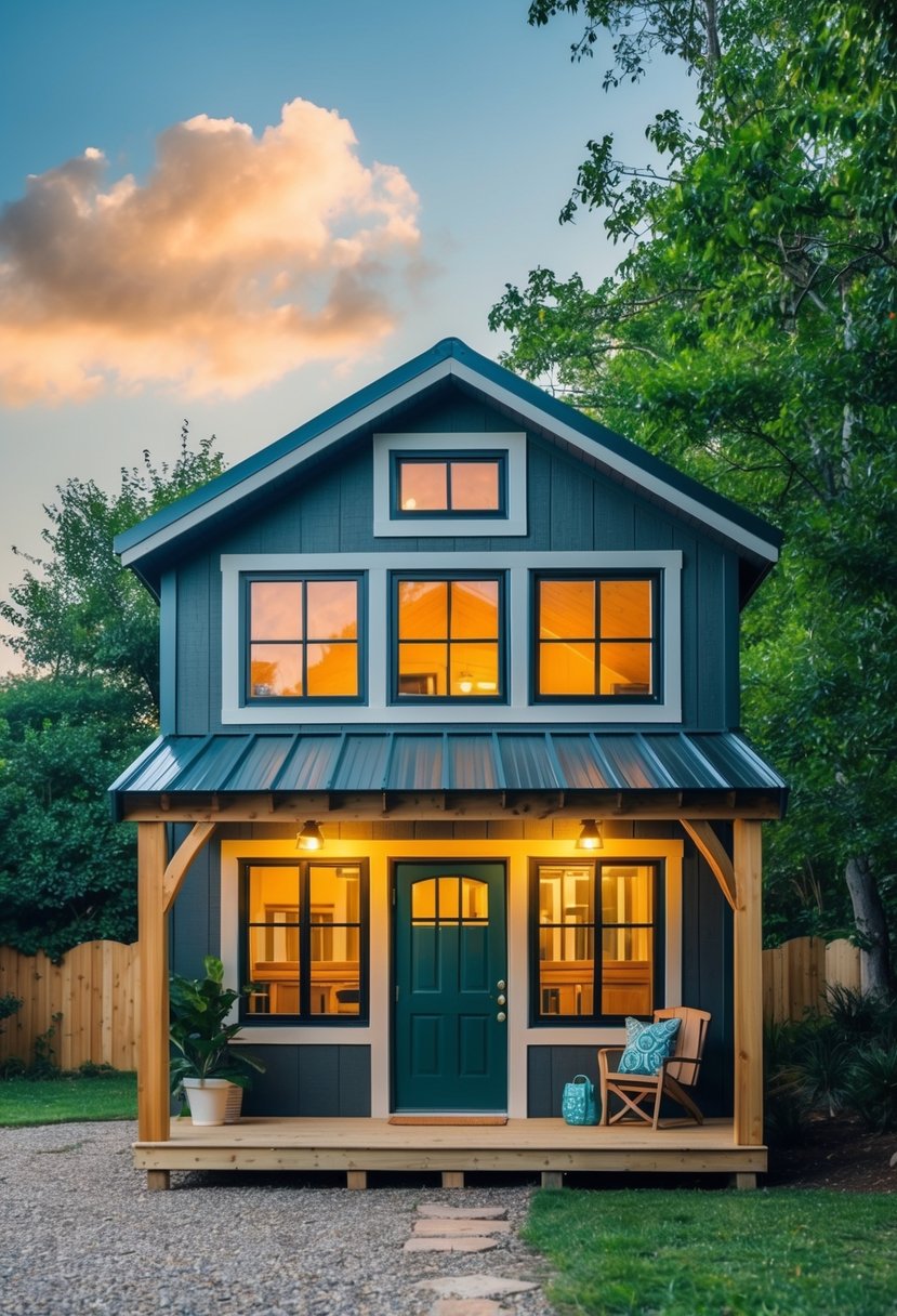 A small shed transformed into a cozy tiny house with a loft, large windows, and a front porch