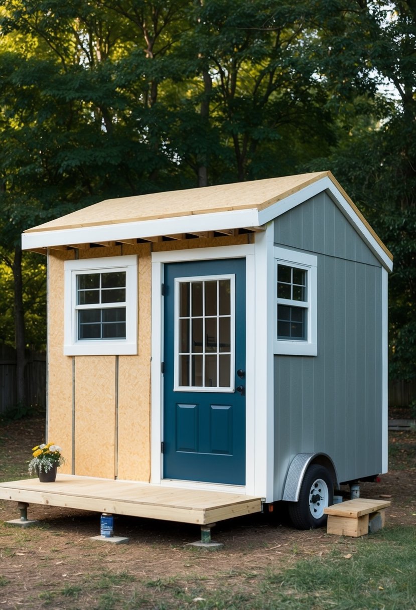 A shed being transformed into a cozy tiny home, with insulation, windows, a door, and a small porch added