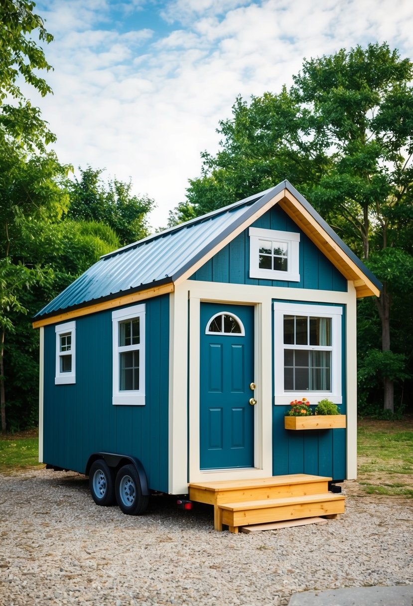 A small shed being transformed into a cozy tiny house with added windows, a front door, and a small porch