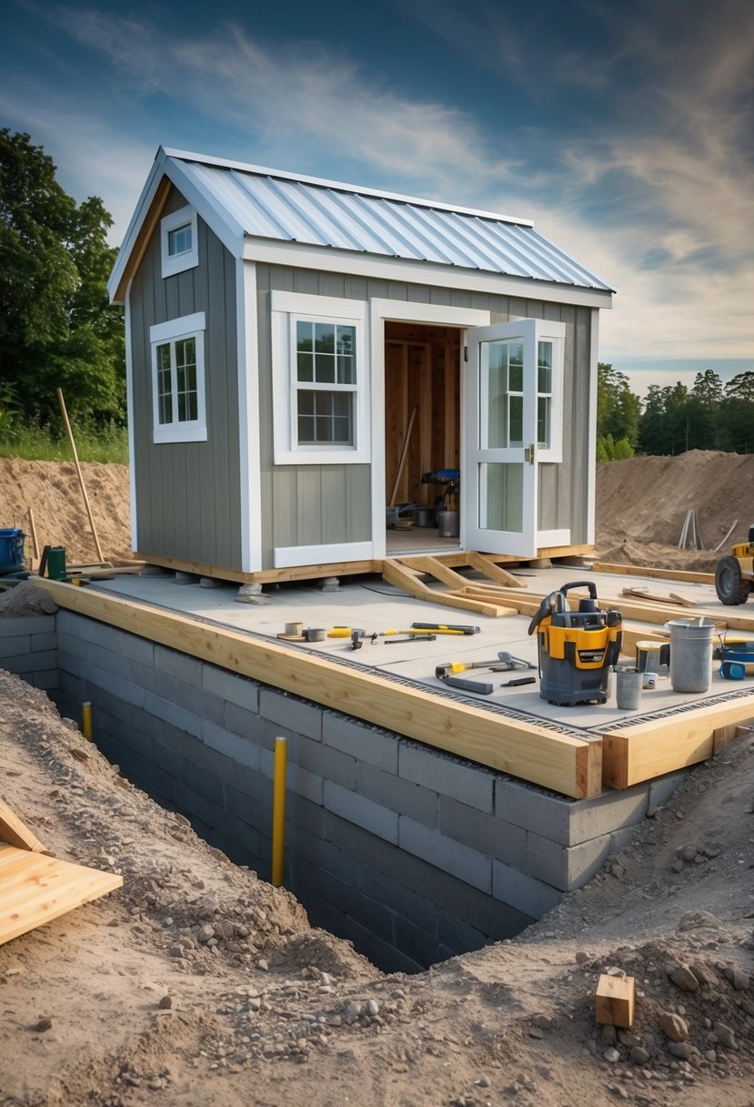 A sturdy foundation being laid for a tiny house conversion from a shed. Materials and tools scattered around the construction site