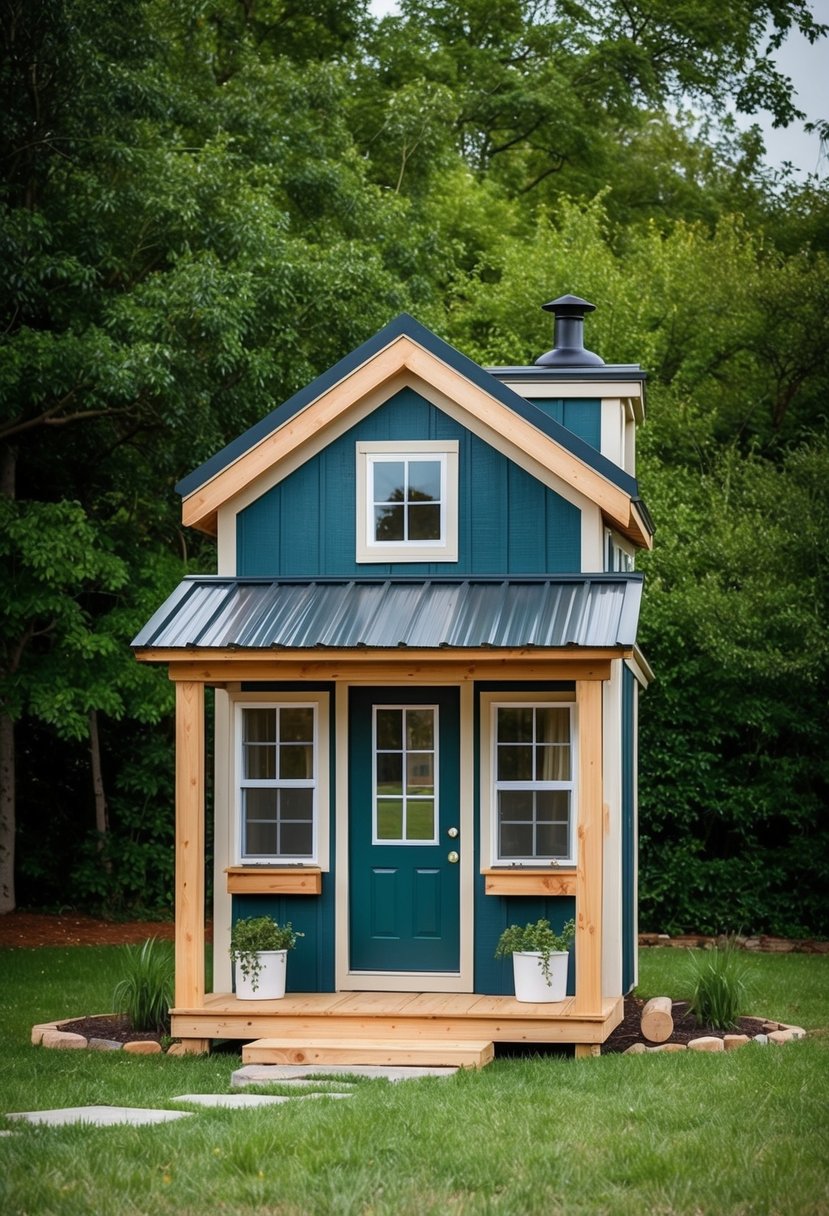 A small shed transformed into a cozy tiny house, complete with a front porch, windows, and a sloped roof with a chimney