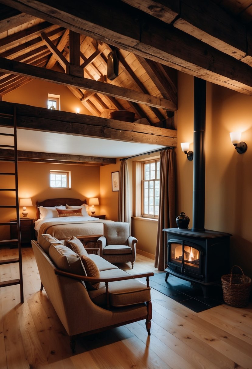 A cozy living room with a wood-burning stove, exposed wooden beams, and vintage furniture. A loft bedroom with a ladder and warm, earthy color palette throughout