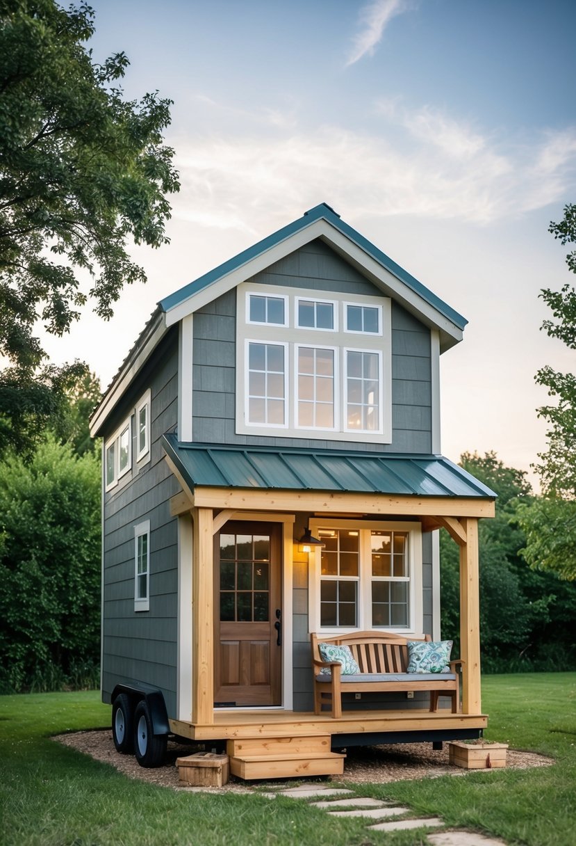 A small shed transformed into a cozy tiny house with a sloped roof, large windows, and a charming front porch