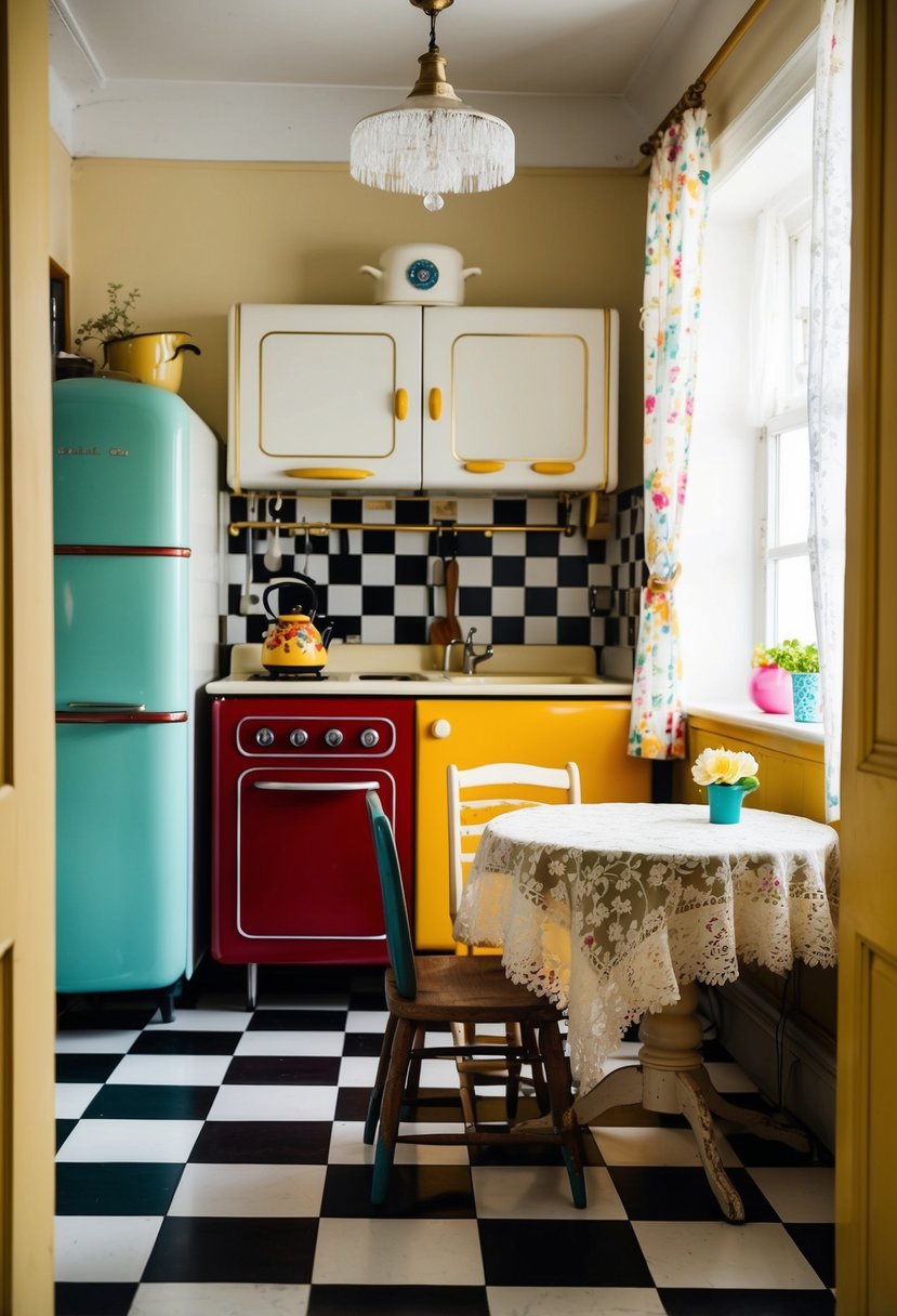 A cozy vintage kitchen with checkered floors, a retro fridge, and colorful accents. A small table with a lace tablecloth and mismatched chairs completes the charming space