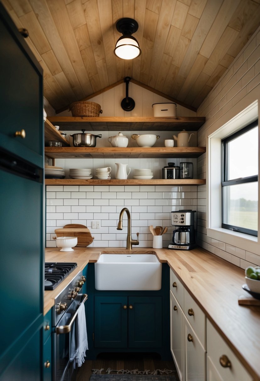 A cozy, modern vintage kitchen in a tiny home, with open shelving, farmhouse sink, subway tile backsplash, and vintage-inspired appliances