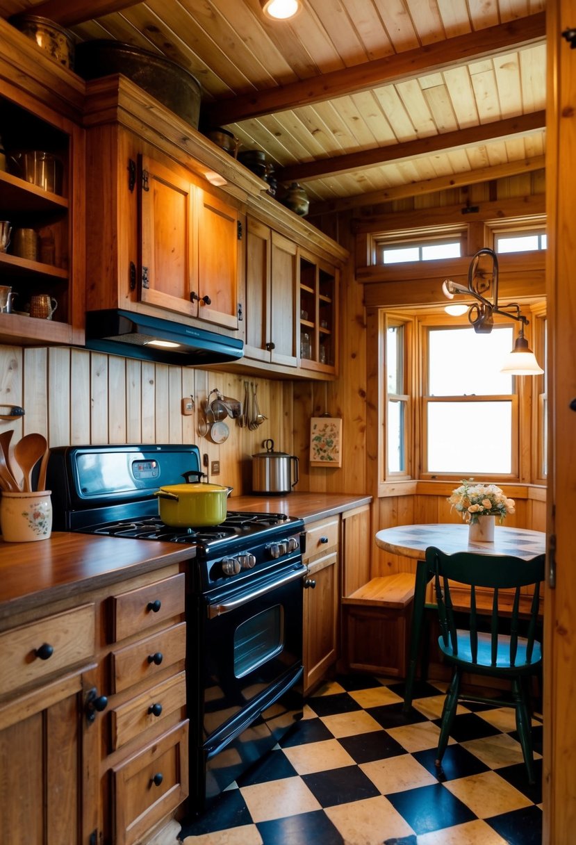 A cozy vintage kitchen in a tiny home, featuring rustic wooden cabinets, a retro stove, and a quaint dining area with checkered flooring