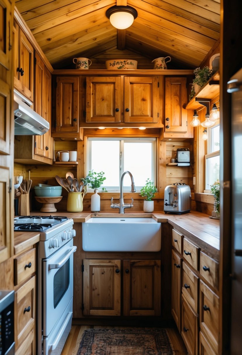 A cozy vintage kitchen in a tiny home with rustic wooden cabinets, a farmhouse sink, and retro appliances