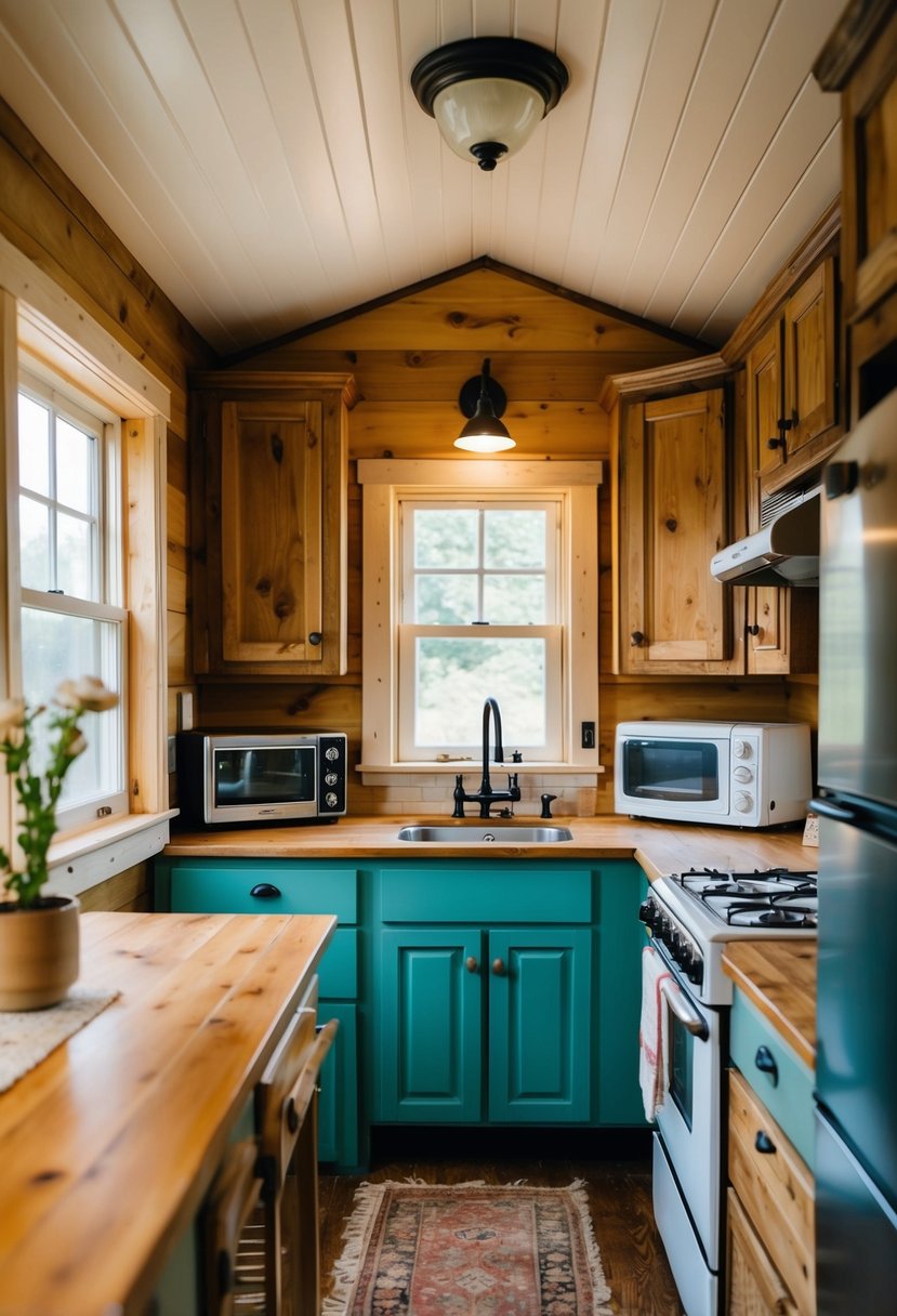 A cozy vintage tiny home kitchen with rustic wooden cabinets, retro appliances, and a quaint dining area