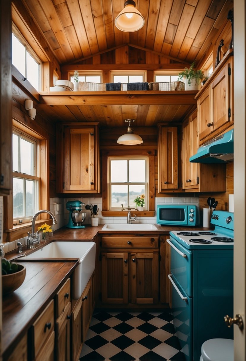 A cozy vintage kitchen in a tiny home, with a retro fridge, checkered flooring, and colorful, mismatched dishes on open shelves