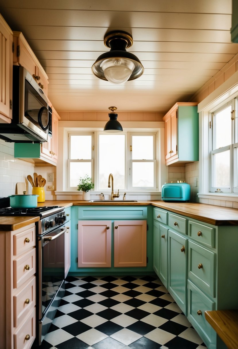 A cozy vintage kitchen in a tiny home with retro appliances, checkered flooring, and pastel-colored cabinets