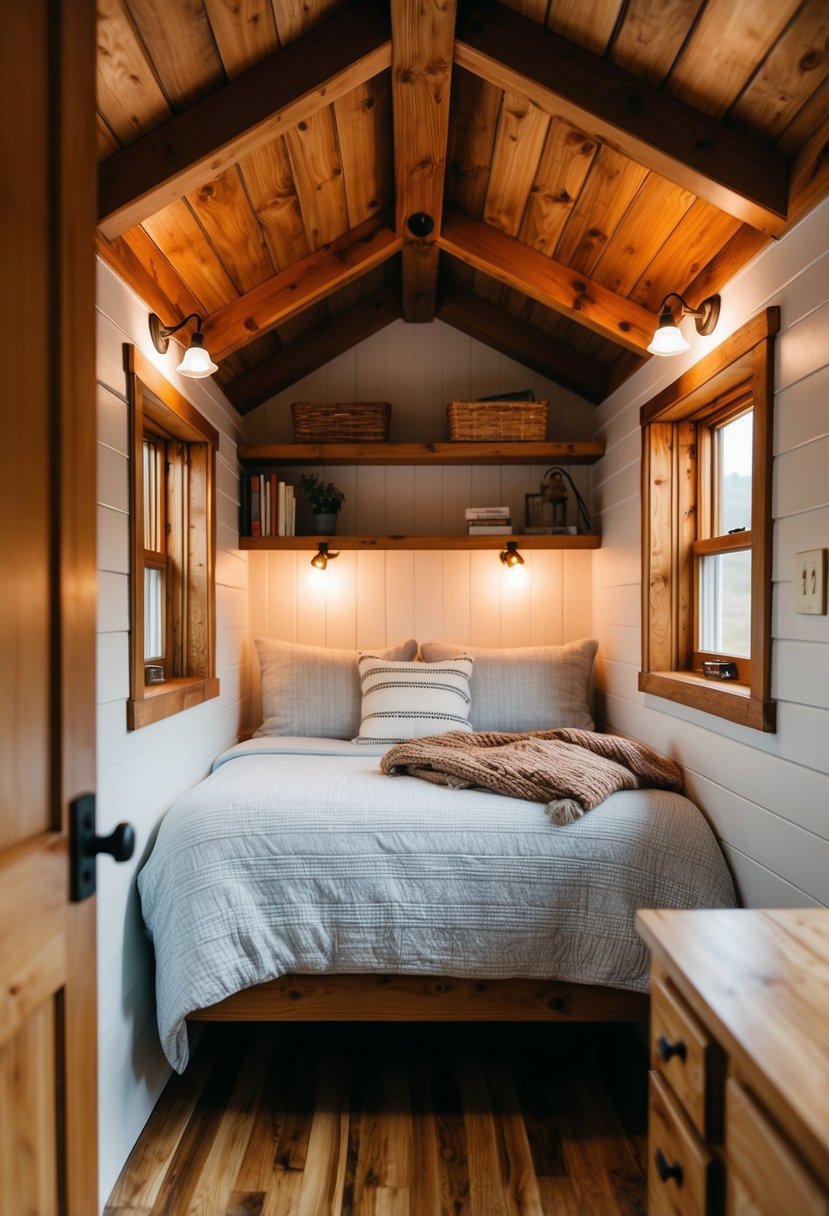 A cozy, rustic bedroom in a tiny house. Wooden beams, warm lighting, a comfortable bed, and simple decor create a charming and inviting atmosphere