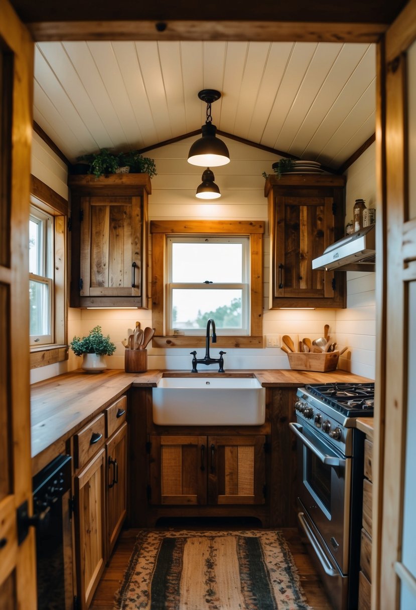 A cozy, vintage-inspired tiny home kitchen with rustic wooden cabinets, a small farmhouse sink, and a compact vintage stove