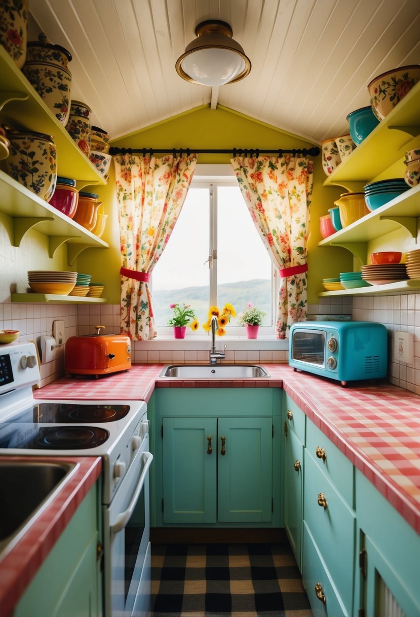 A cozy vintage kitchen in a tiny home, with floral curtains, checkered tablecloth, retro appliances, and colorful ceramic dishes on open shelves