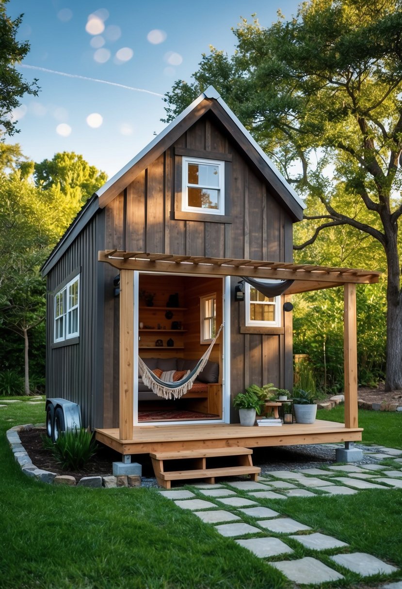 A cozy tiny house built inside a rustic shed, surrounded by trees and a small garden, with a front porch and a hammock hanging outside