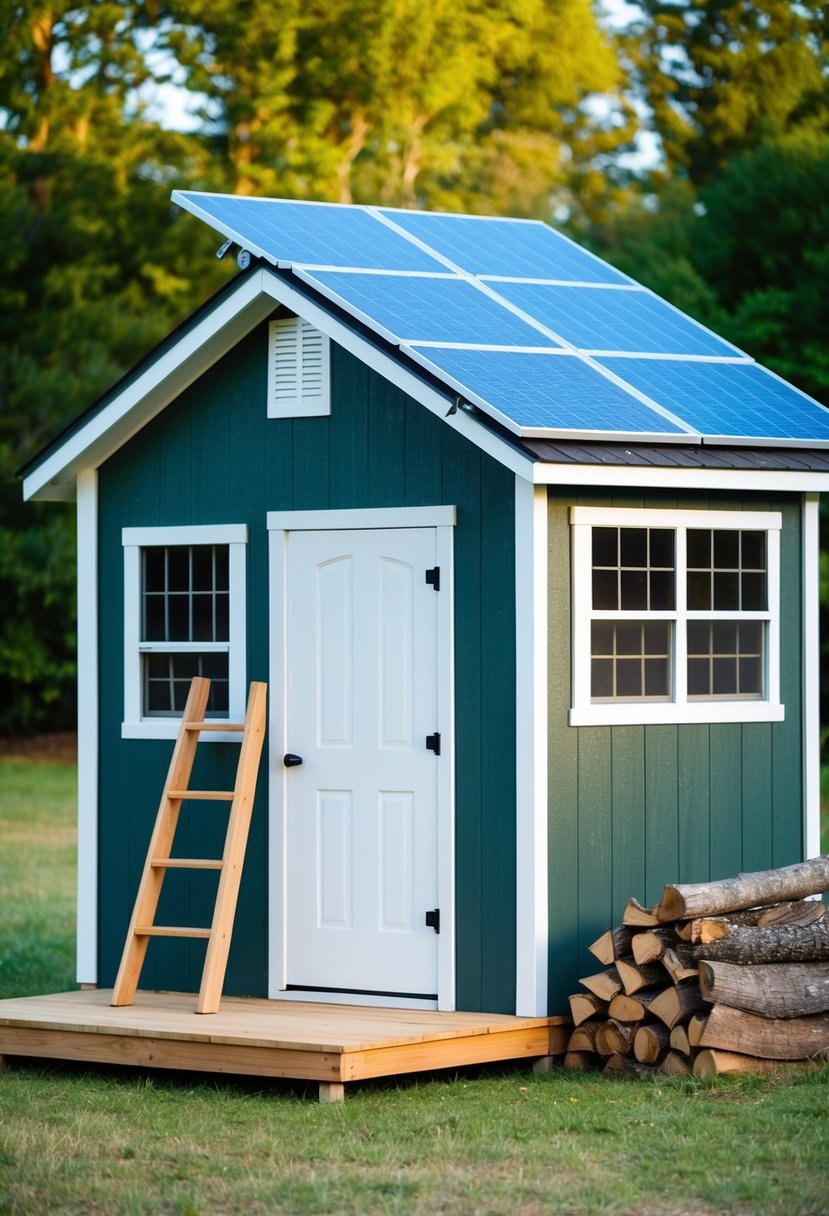 A shed with windows, a door, and a small porch. A ladder leans against the side, and a woodpile sits nearby. Solar panels are mounted on the roof